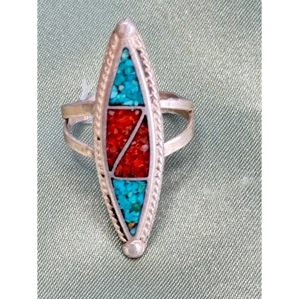 Navajo Native American Genuine Turquoise Coral Mosaic Inlay Sterling Ring sz 5.5 - Picture 4 of 10